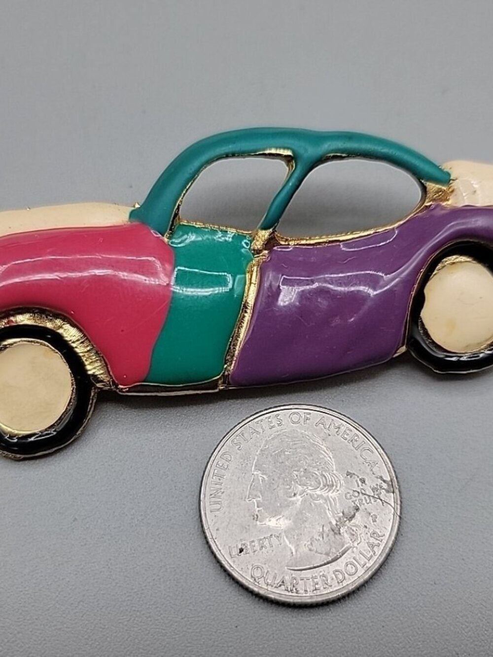 Colorful Enamel Car Brooch Vintage Large  Ornate Ladies Pin Estate